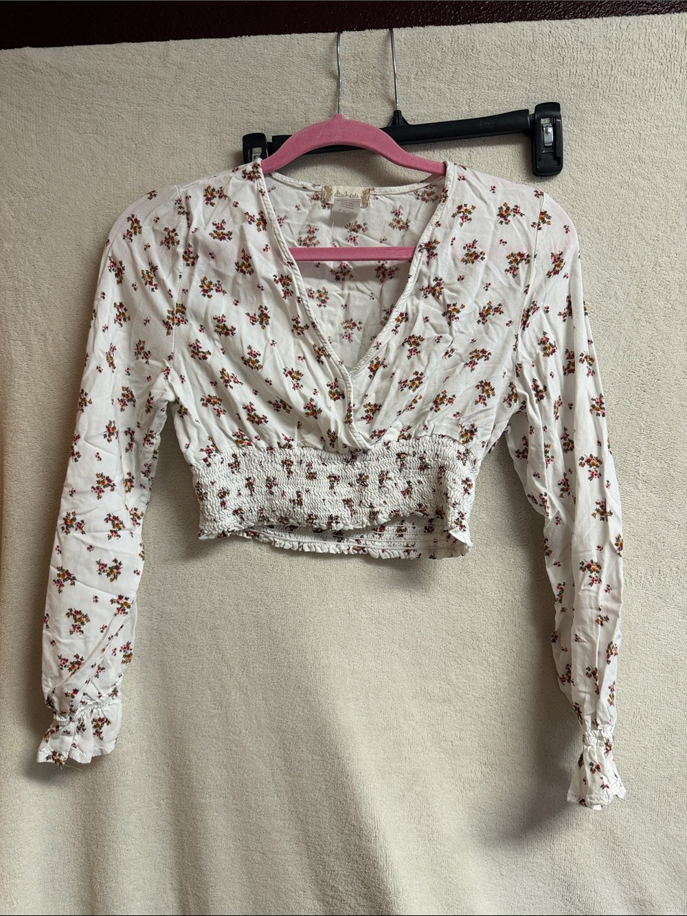 Altar'd State Cream Floral Smocked V-Neck Crop Blouse